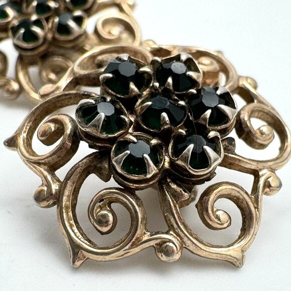 Vintage Gold-Tone Clip-On Earrings Greenish Black Rhinestones & Filigree Design - Picture 2 of 8